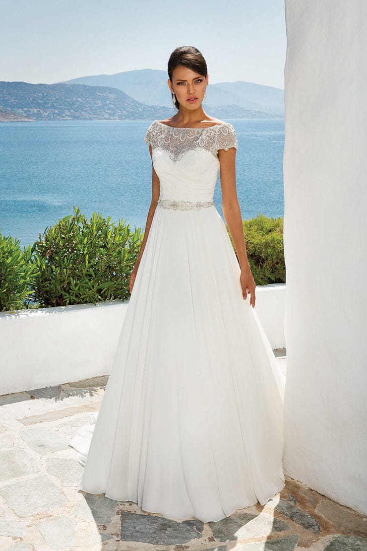 Chiffon Ball Gown with Beaded Portrait Neckline 8799 by Justin Alexander