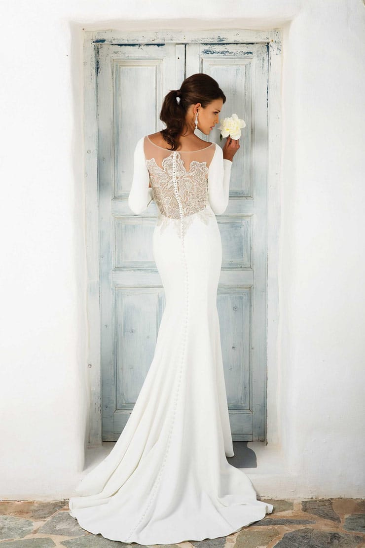 Crepe Long Sleeve Wedding Dress with Beaded Illusion Back 8936 by Justin Alexander