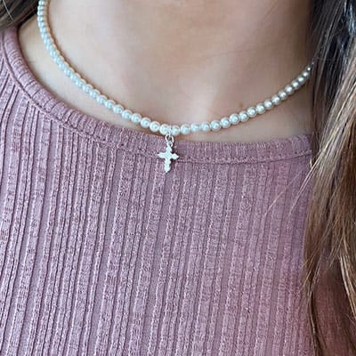 Crystal communion cross pearl necklace