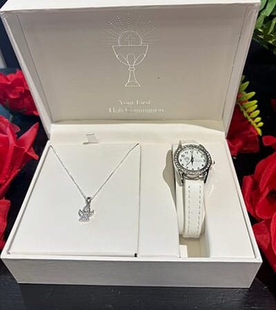 Communion gift - Set with crystal trim watch & angel pendant