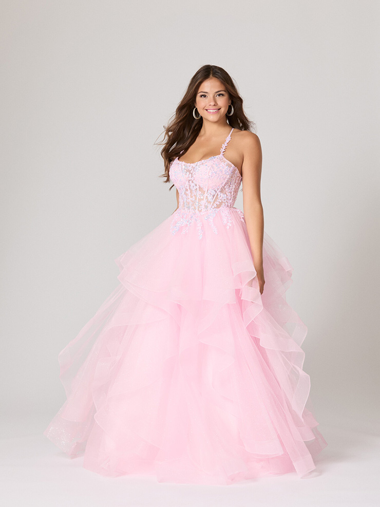 pink tiered tulle debs dress