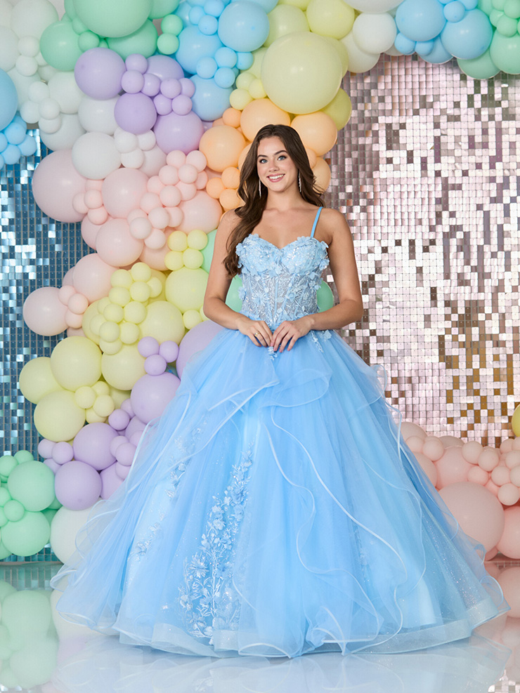 blue tiered tulle debs dress