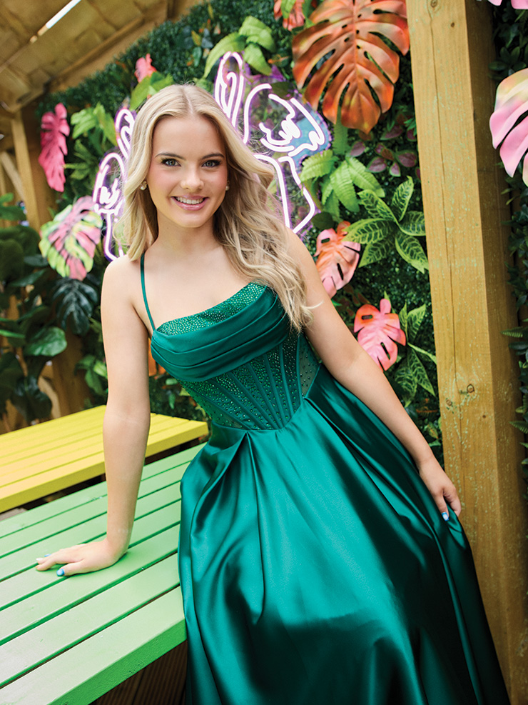 emerald satin debs dress
