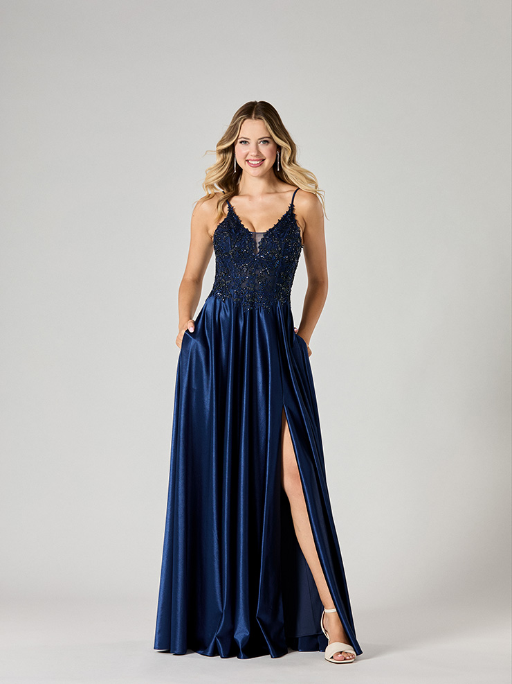 midnight blue satin and sequin debs dress