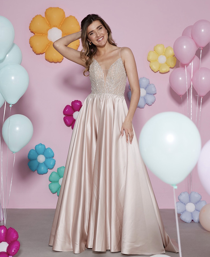 blush satin debs dress