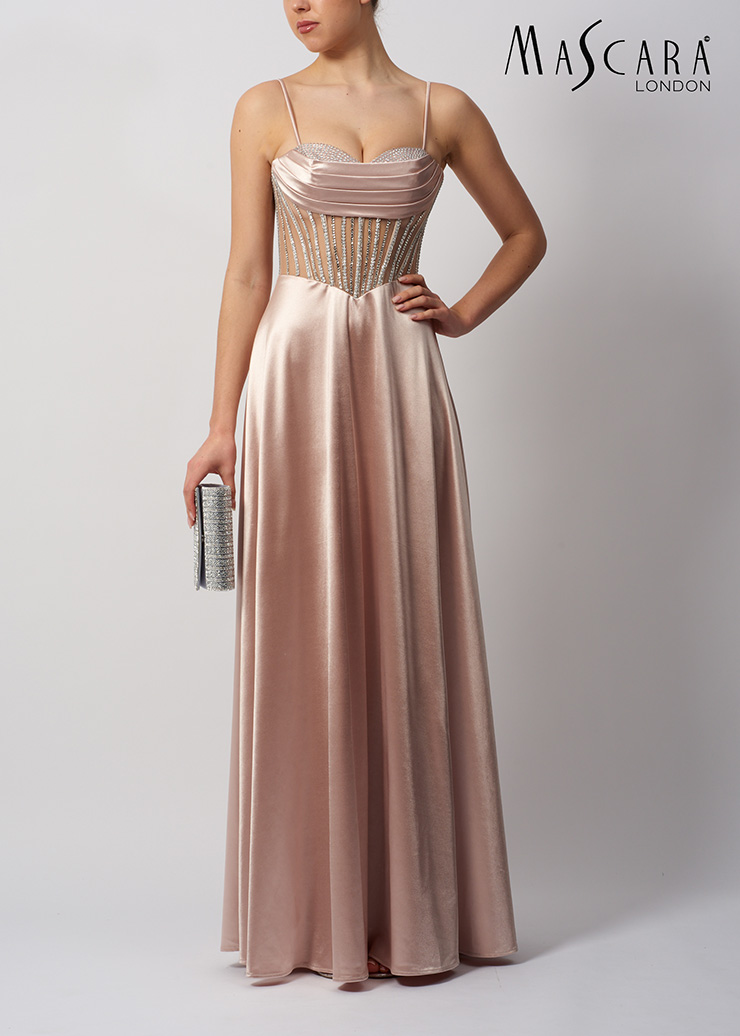 nude satin mesh debs dress