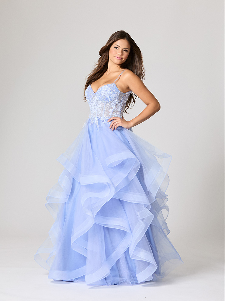 periwinkle tiered tulle debs dress