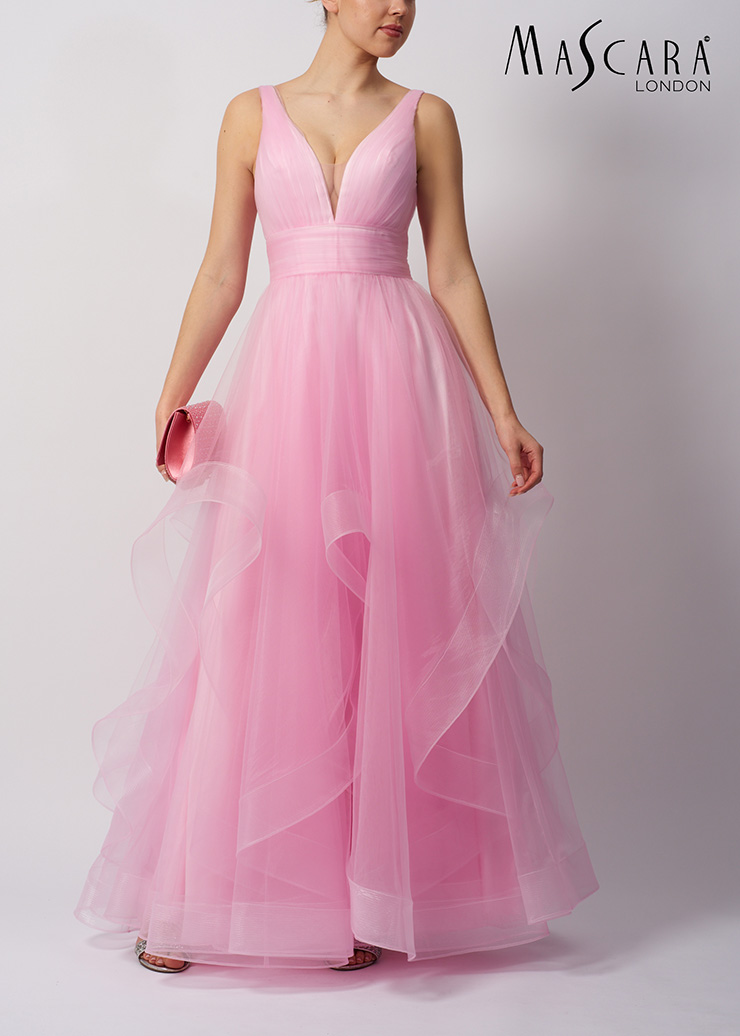 pink tiered tulle debs dress