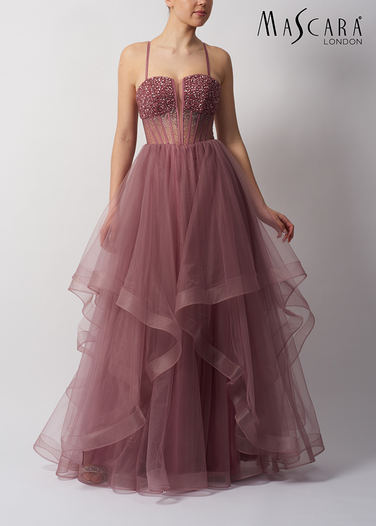 plum tiered tulle debs dress