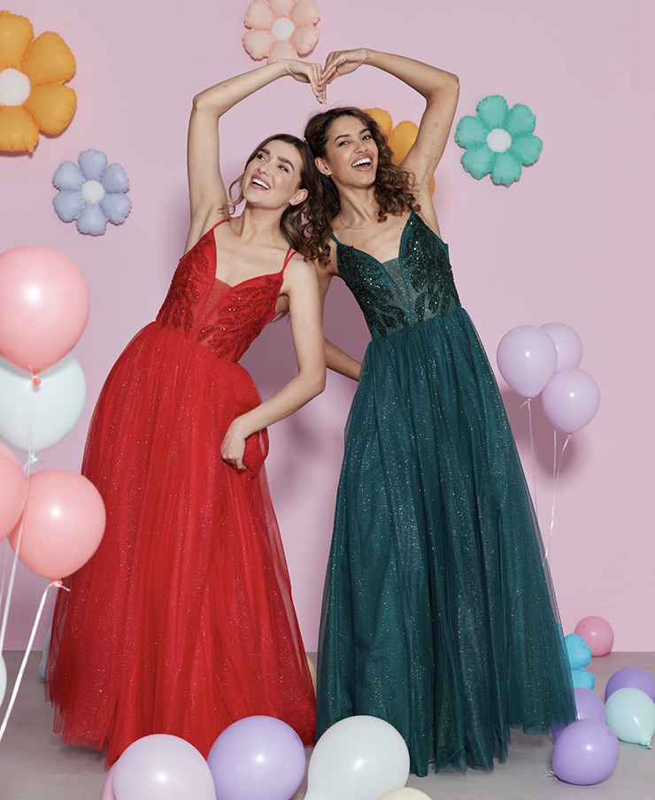 red and green debs dresses