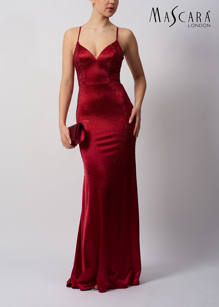red satin sheath debs dress