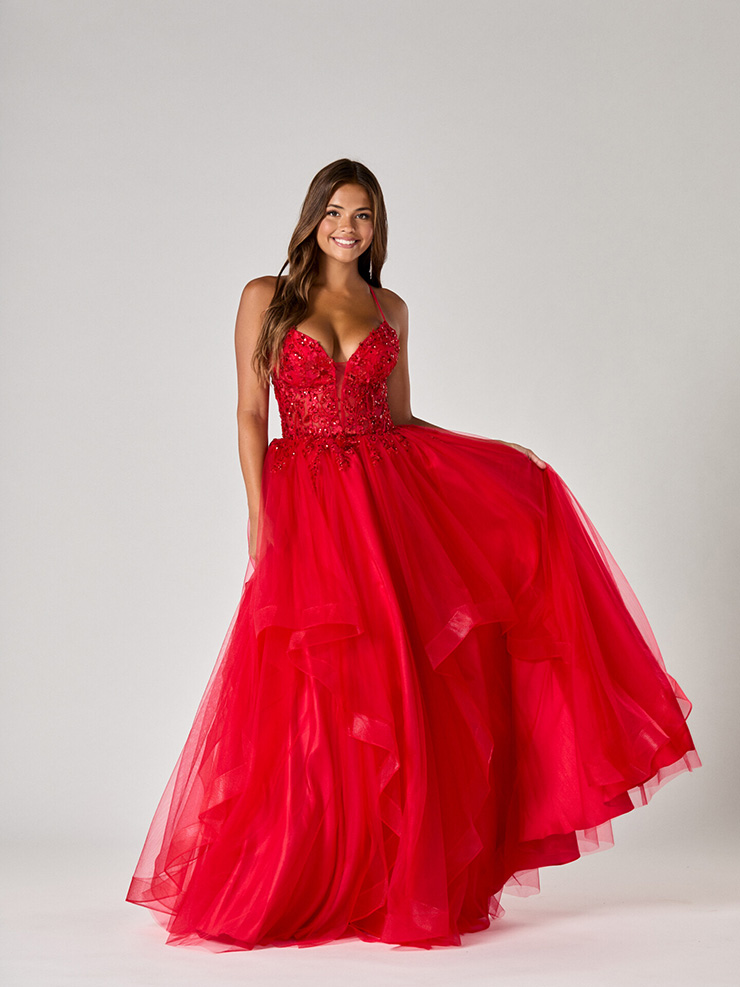 red tiered tulle debs dress