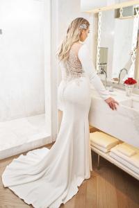 Crepe Long Sleeve Wedding Dress with Beaded Illusion Back